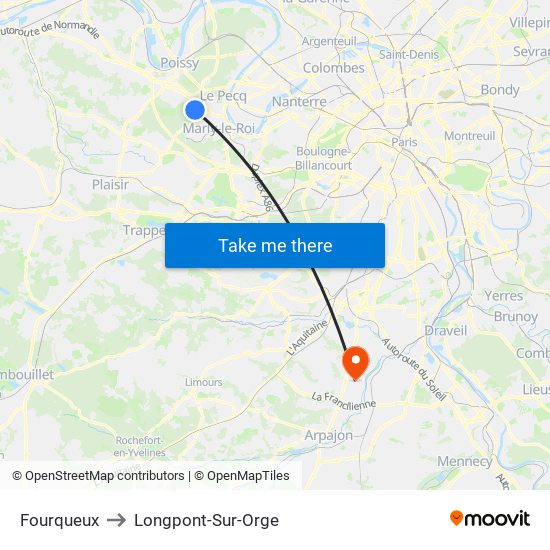 Fourqueux to Longpont-Sur-Orge map