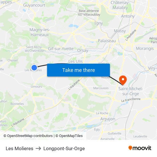 Les Molieres to Longpont-Sur-Orge map