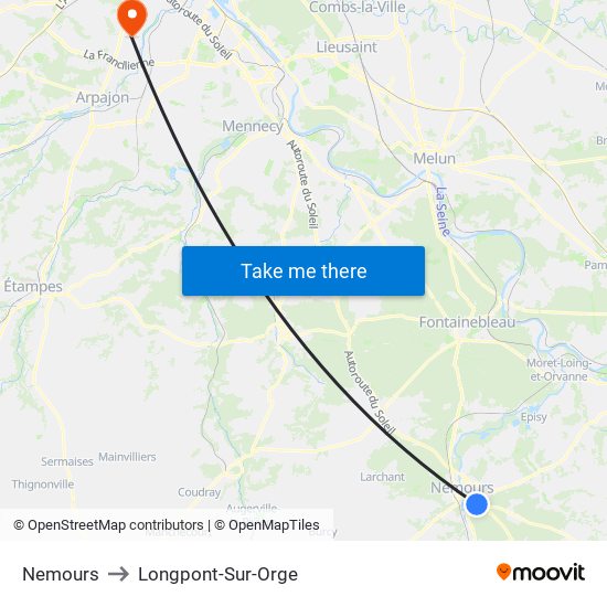 Nemours to Longpont-Sur-Orge map