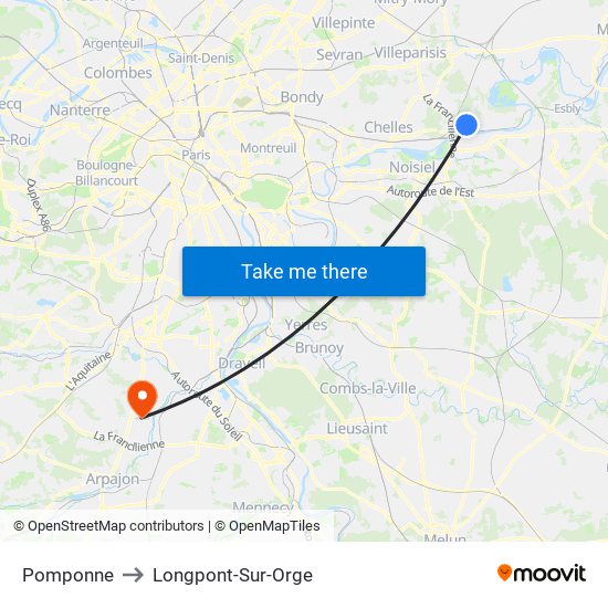 Pomponne to Longpont-Sur-Orge map