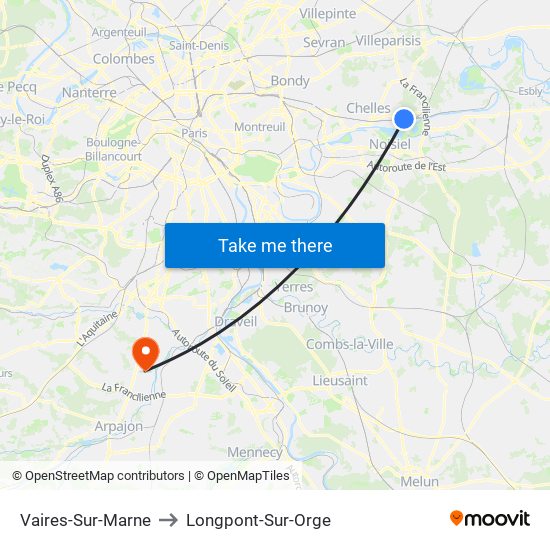 Vaires-Sur-Marne to Longpont-Sur-Orge map