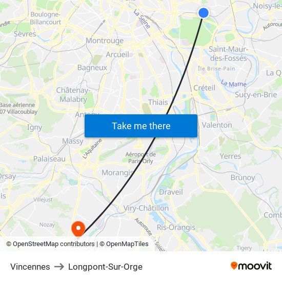 Vincennes to Longpont-Sur-Orge map