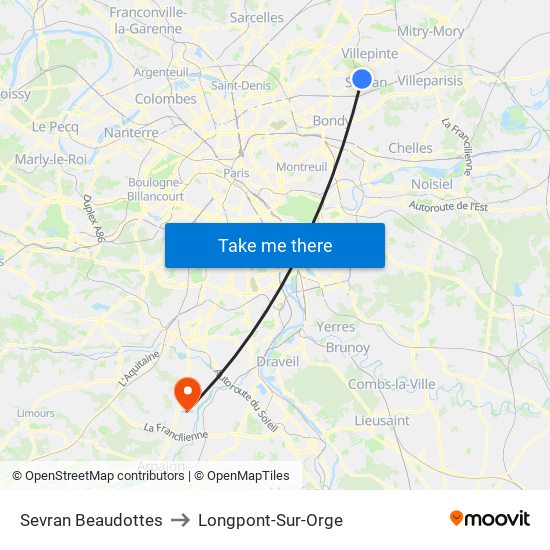 Sevran Beaudottes to Longpont-Sur-Orge map