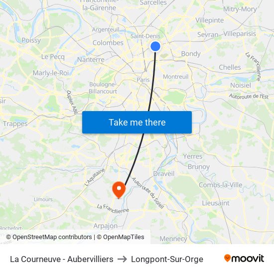 La Courneuve - Aubervilliers to Longpont-Sur-Orge map