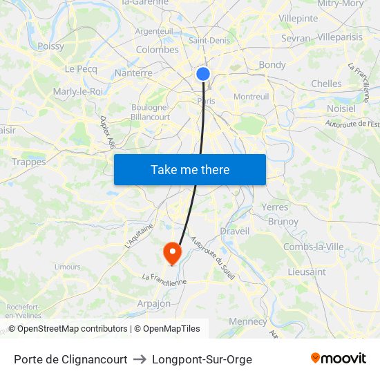 Porte de Clignancourt to Longpont-Sur-Orge map