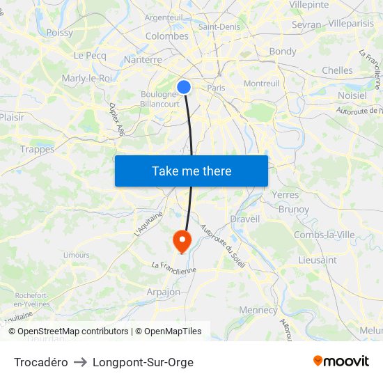 Trocadéro to Longpont-Sur-Orge map