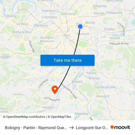 Bobigny - Pantin - Raymond Queneau to Longpont-Sur-Orge map