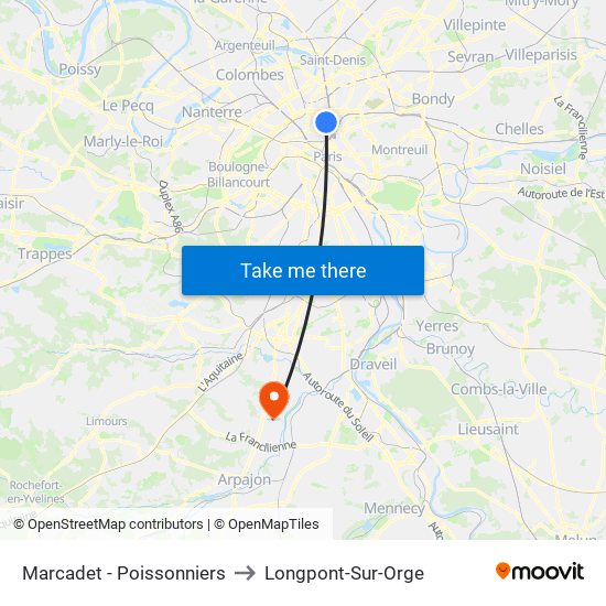 Marcadet - Poissonniers to Longpont-Sur-Orge map