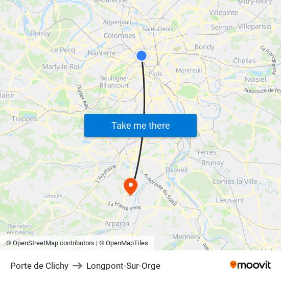 Porte de Clichy to Longpont-Sur-Orge map
