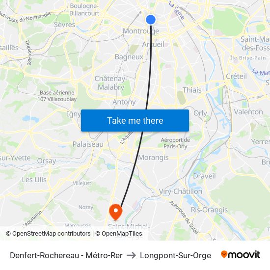 Denfert-Rochereau - Métro-Rer to Longpont-Sur-Orge map