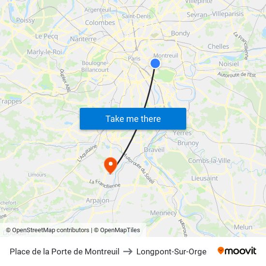 Place de la Porte de Montreuil to Longpont-Sur-Orge map