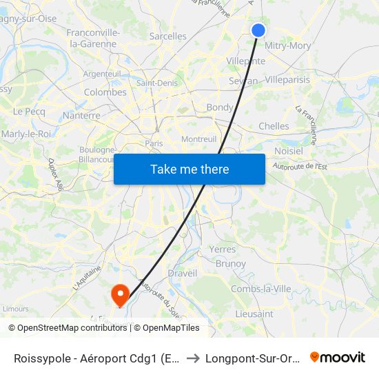 Roissypole - Aéroport Cdg1 (E2) to Longpont-Sur-Orge map