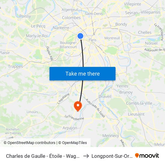 Charles de Gaulle - Étoile - Wagram to Longpont-Sur-Orge map