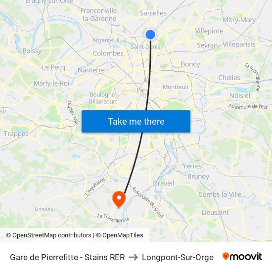 Gare de Pierrefitte - Stains RER to Longpont-Sur-Orge map