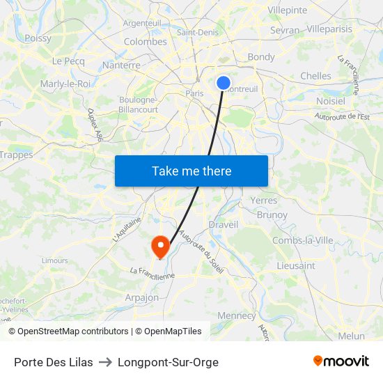 Porte Des Lilas to Longpont-Sur-Orge map