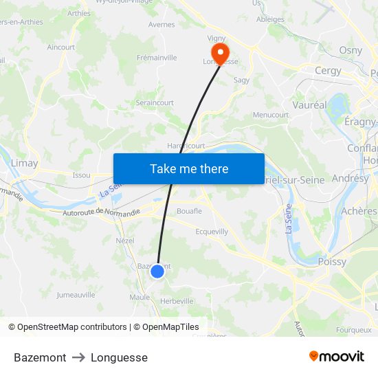Bazemont to Longuesse map