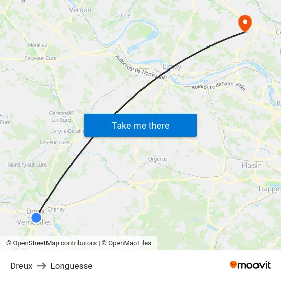 Dreux to Longuesse map