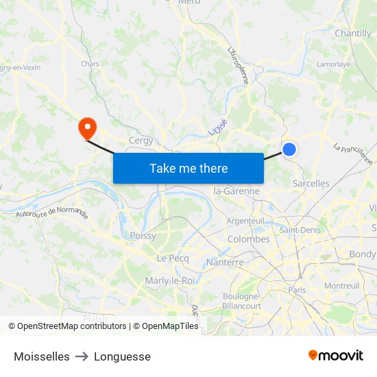 Moisselles to Longuesse map