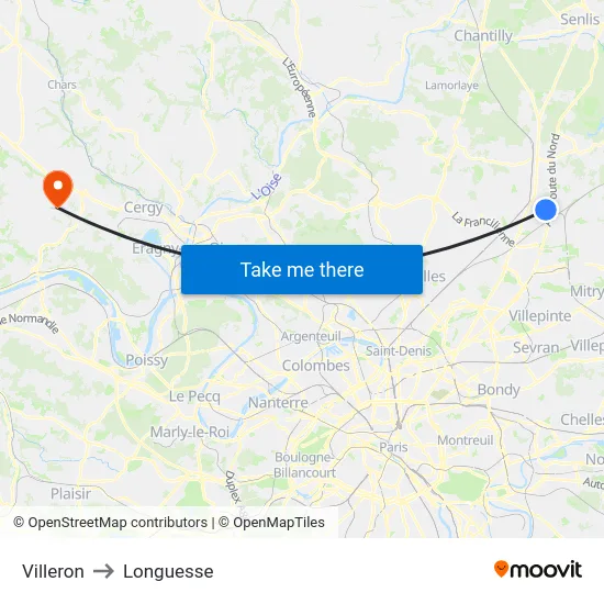 Villeron to Longuesse map