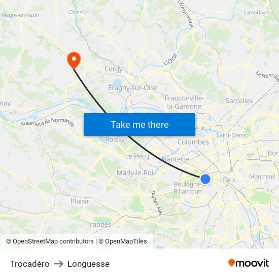 Trocadéro to Longuesse map
