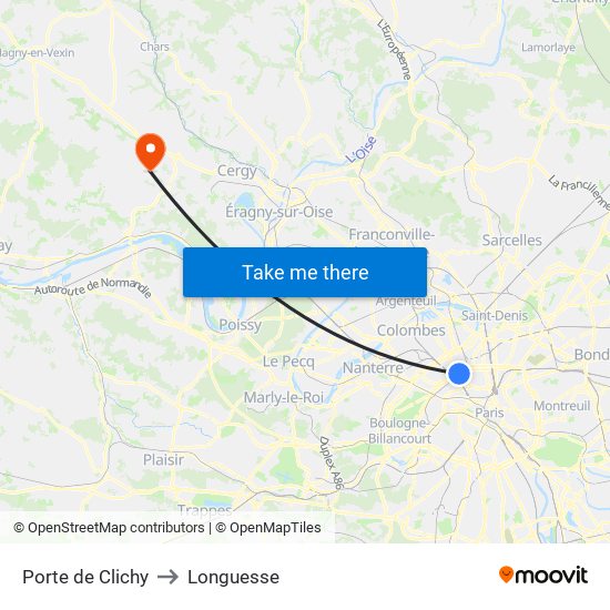 Porte de Clichy to Longuesse map