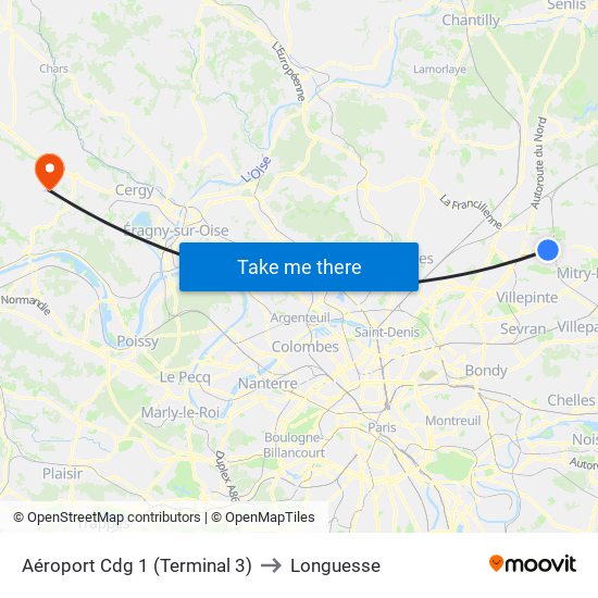 Aéroport Cdg 1 (Terminal 3) to Longuesse map