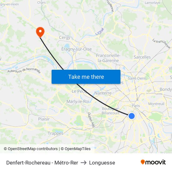 Denfert-Rochereau - Métro-Rer to Longuesse map