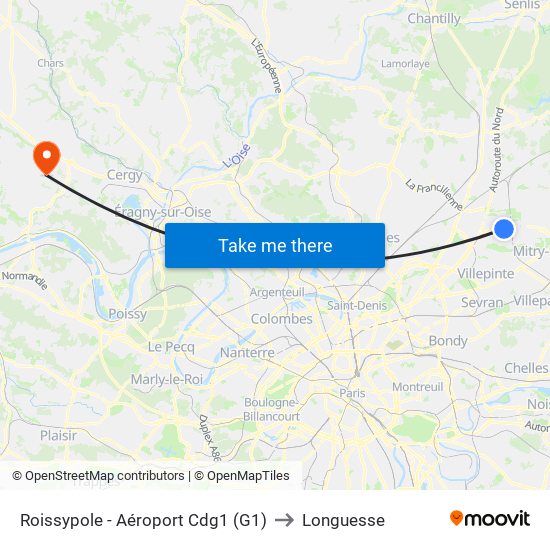 Roissypole - Aéroport Cdg1 (G1) to Longuesse map