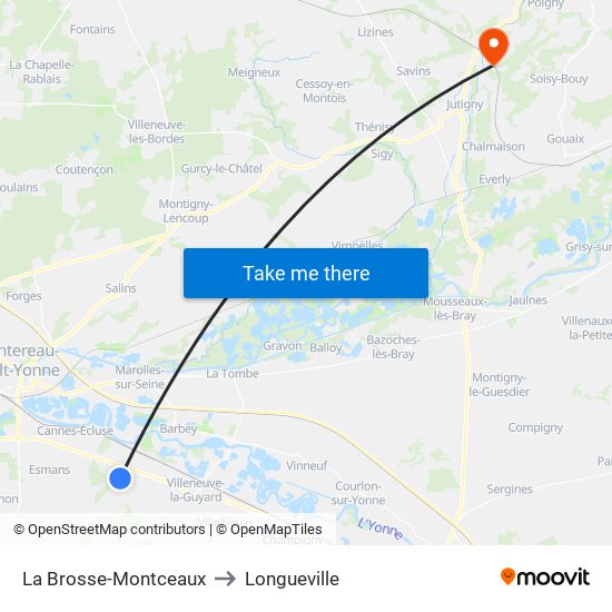 La Brosse-Montceaux to Longueville map