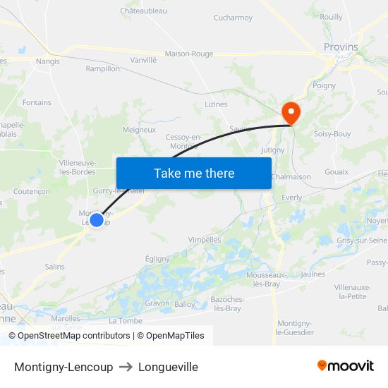 Montigny-Lencoup to Longueville map