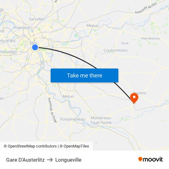 Gare D'Austerlitz to Longueville map