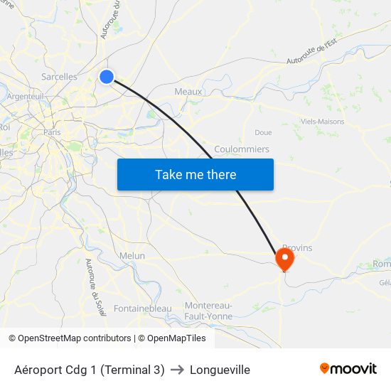 Aéroport Cdg 1 (Terminal 3) to Longueville map