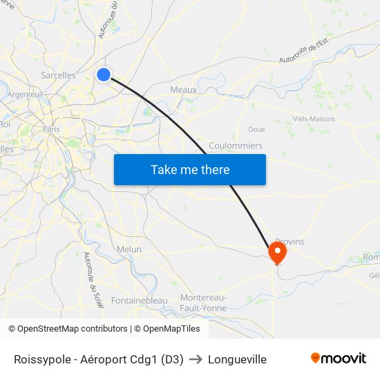 Roissypole - Aéroport Cdg1 (D3) to Longueville map