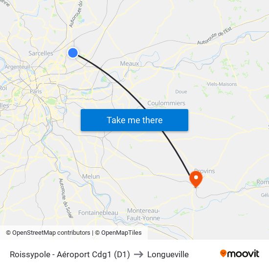 Roissypole - Aéroport Cdg1 (D1) to Longueville map