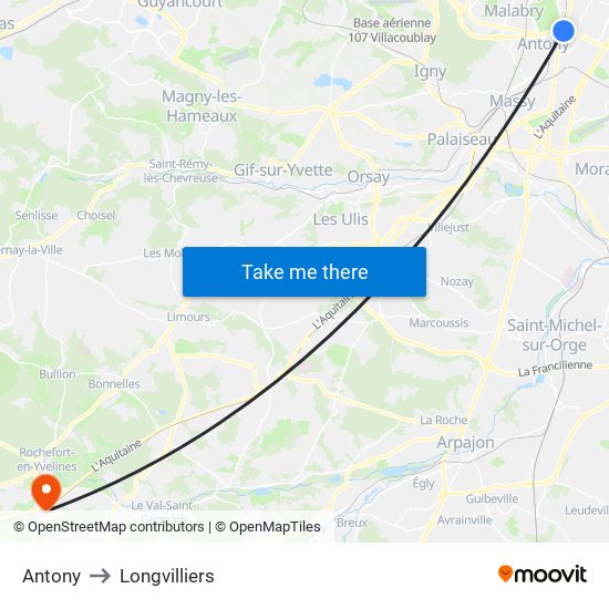 Antony to Longvilliers map