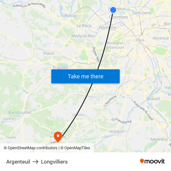 Argenteuil to Longvilliers map