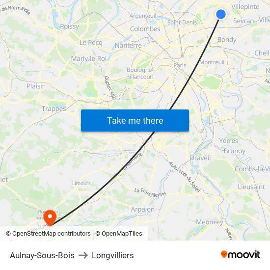 Aulnay-Sous-Bois to Longvilliers map