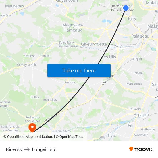 Bievres to Longvilliers map