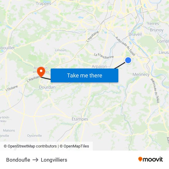 Bondoufle to Longvilliers map