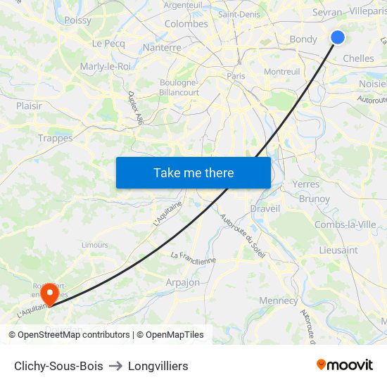 Clichy-Sous-Bois to Longvilliers map
