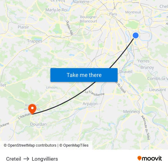 Creteil to Longvilliers map