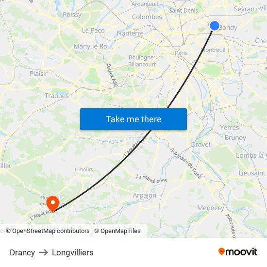 Drancy to Longvilliers map