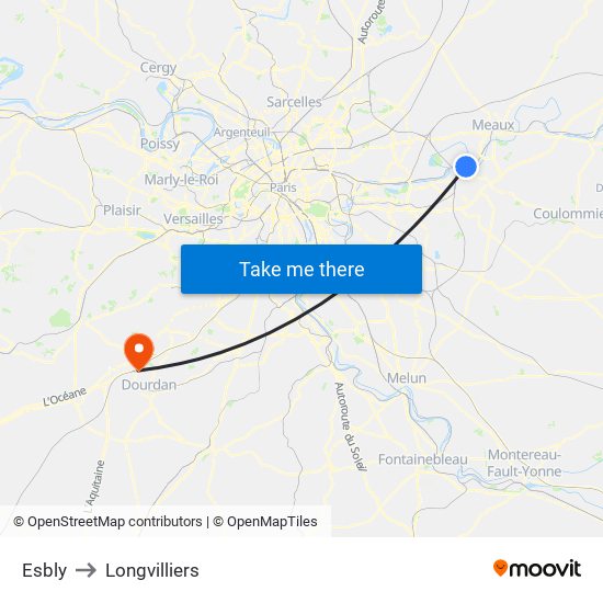 Esbly to Longvilliers map
