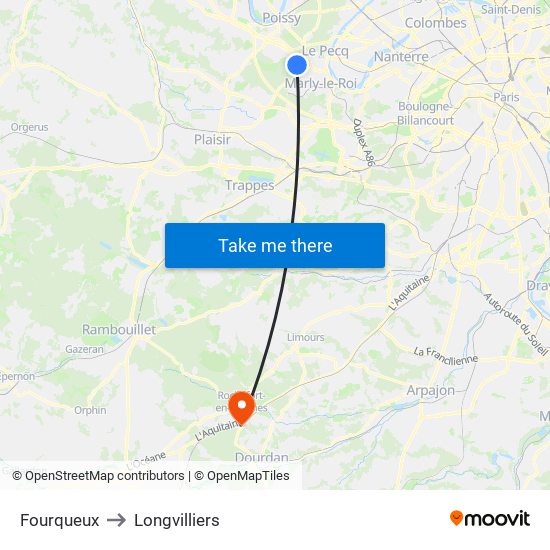 Fourqueux to Longvilliers map
