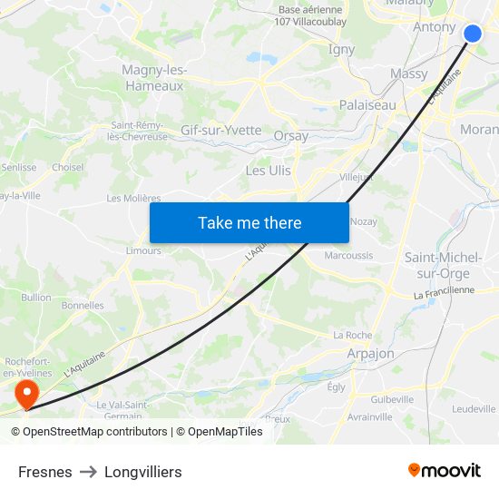 Fresnes to Longvilliers map