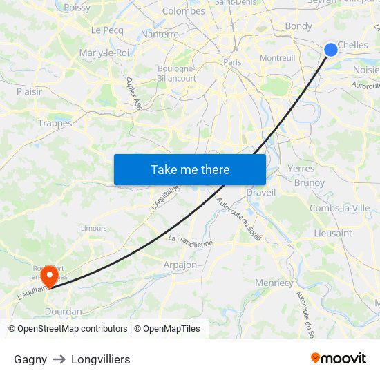 Gagny to Longvilliers map