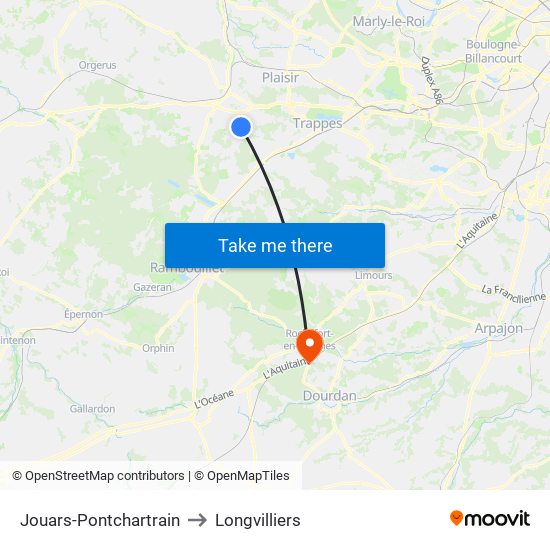 Jouars-Pontchartrain to Longvilliers map