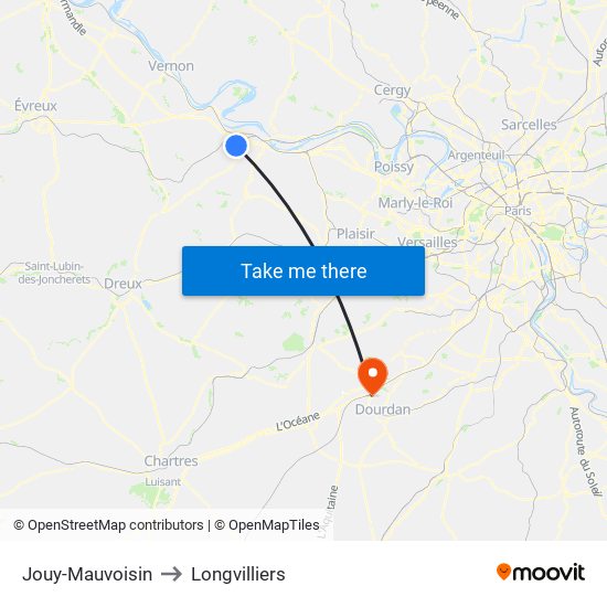 Jouy-Mauvoisin to Longvilliers map