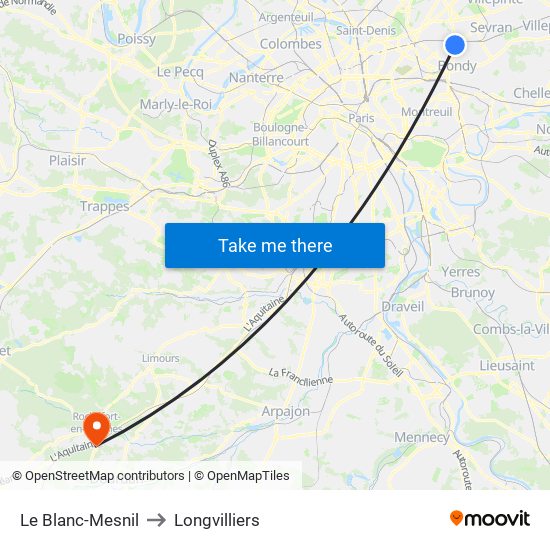 Le Blanc-Mesnil to Longvilliers map