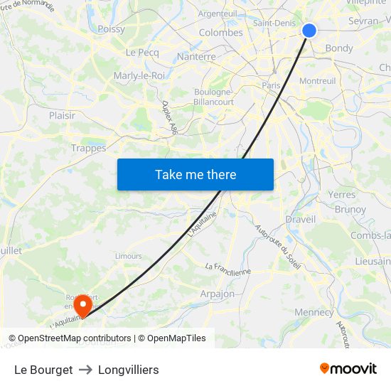Le Bourget to Longvilliers map